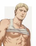 1boy abs bara bare_pectorals blonde_hair closed_mouth clothes_lift dudlesnoodles facial_hair highres large_pectorals looking_at_viewer male_focus muscular muscular_male nipples pectorals reiner_braun shingeki_no_kyojin short_hair simple_background solo tank_top white_background white_tank_top yellow_eyes 