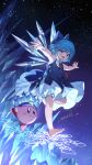  1girl 1other adapted_costume barefoot bloomers blue_bow blue_dress blue_eyes blue_hair bow cirno dress enoki_3106 fairy full_body hair_bow highres ice ice_wings kirby kirby_(series) looking_at_viewer open_mouth short_hair signature smile touhou white_bloomers wings 