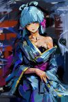  1girl absurdres armor artist_name bare_shoulders blue_eyes blue_hair blue_kimono blue_nails blunt_bangs blunt_tresses blush breastplate breasts cleavage collarbone commentary faux_traditional_media fingernails folding_fan genshin_impact gold_trim hair_ribbon hand_fan highres holding holding_fan impasto japanese_armor japanese_clothes kamisato_ayaka kimono light_blue_hair long_hair long_sleeves looking_at_viewer nail_polish obi open_mouth painterly parted_lips ponytail purple_sash ravine_bells ribbon sash sidelocks sitting solo tress_ribbon wide_sleeves 
