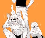  3boys aged_down anger_vein arms_up chanko_neru closed_eyes feet_out_of_frame franky_(one_piece) goggles goggles_on_head greyscale greyscale_with_colored_background hair_slicked_back hand_on_own_hip hawaiian_shirt head_bump iceburg leg_hair looking_at_another male_focus male_underwear medium_hair monochrome multiple_boys one_piece open_clothes open_shirt orange_background out_of_frame paulie shirt simple_background squatting tearing_up translated underwear 