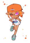  1girl :p aqua_footwear backwards_hat bandaid bandaid_on_knee bandaid_on_leg closed_mouth commentary eeeeekyawaiii full_body hat highres inkling inkling_girl one_eye_closed orange_hair orange_headwear pink_eyes pointy_ears shirt shoes short_hair solo splatoon_(series) symbol-only_commentary tongue tongue_out white_background white_shirt 