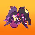  commentary_request dian_(nanooo_i) flower gradient_background looking_at_viewer mawile mega_mawile no_humans orange_background outstretched_arm pink_flower pokemon pokemon_(creature) purple_eyes purple_pupils solo 