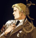  1boy armband black_background blonde_hair closed_mouth coat collared_shirt facial_hair grey_coat highres male_focus necktie red_armband reiner_braun rope shingeki_no_kyojin shirt short_hair simple_background solo thisuserisalive white_shirt 