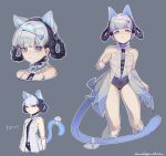  1girl animal_ears bambinata_(punishing:_gray_raven) black_hair black_leotard blue_eyes blue_tail cat_ears cat_tail character_age choker english_text fake_animal_ears fake_tail freckles frilled_choker frills hair_ornament heart heart_hair_ornament highres leotard mechanical_arms mechanical_legs mechanical_parts multicolored_hair punishing:_gray_raven ribbon solo tail tail_ornament tail_ribbon two-tone_hair two-tone_leotard white_choker white_hair white_leotard zocehuy 