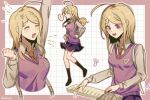  ! 1girl :d ahoge akamatsu_kaede arm_up blonde_hair blush border breasts brown_necktie brown_shirt chifurin clenched_hand cropped_torso danganronpa_(series) danganronpa_v3:_killing_harmony hand_up highres instrument keyboard_(instrument) kneehighs long_sleeves medium_breasts miniskirt multiple_views necktie pink_border pink_sweater_vest shirt skirt smile socks speech_bubble sweater_vest white_background 