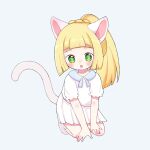  1girl :o animal_ears blonde_hair blunt_bangs blush braid cat_ears cat_girl cat_tail commentary dian_(nanooo_i) eyelashes full_body green_eyes lillie_(pokemon) long_hair looking_at_viewer pleated_skirt pokemon pokemon_sm ponytail shirt short_sleeves skirt socks solo tail white_shirt white_skirt 