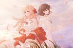  2girls blonde_hair blue_eyes blue_sky bow brown_eyes brown_hair claire_francois cloud cloudy_sky dress drill_hair hair_between_eyes hair_bow highres long_hair multiple_girls petals rae_taylor sky watashi_no_oshi_wa_akuyaku_reijou white_dress xufi2468 