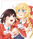  2girls blonde_hair blue_eyes blush brown_eyes brown_hair claire_francois drill_hair hair_between_eyes hair_ornament hair_ribbon highres jacket long_hair multiple_girls rae_taylor red_jacket red_ribbon ribbon short_hair sunomono-1228 watashi_no_oshi_wa_akuyaku_reijou yuri 