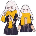  blush clenched_hands do_m_kaeru embarrassed fire_emblem fire_emblem:_three_houses garreg_mach_monastery_uniform lysithea_von_ordelia pink_eyes scarf twitter_username white_background white_hair yellow_scarf 