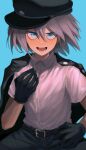  1boy belt black_gloves black_headwear black_jacket black_pants blush brown_belt collared_shirt danganronpa_(series) danganronpa_v3:_killing_harmony gloves green_background green_eyes grey_hair grey_shirt hair_between_eyes hand_up highres hiyashi_men jacket jacket_on_shoulders k1-b0 male_focus official_alternate_costume open_clothes open_jacket pants shirt simple_background solo spiked_hair 