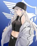  1girl azur_lane bare_shoulders baseball_cap belt black_belt black_headwear black_necktie black_shirt blue_background breasts cowboy_shot crop_top eagle_union_(emblem) enterprise_(azur_lane) hat highres long_hair looking_at_viewer medium_breasts midriff navel necktie off_shoulder purple_eyes shirt skirt sleeveless sleeveless_shirt smile solo very_long_hair 