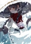  1girl absurdres ajirogasa black_hair braid capelet coat hat highres long_earlobes looking_at_viewer own_hands_together red_capelet red_eyes shi_chimi snow solo touhou twin_braids winter yatadera_narumi 