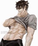  1boy abs aiira_(mud_o) alternate_body_hair arm_hair bara black_hair black_pants chest_hair clothes_lift covering_mouth earrings from_below genshin_impact grey_hair groin guilty_challenge_(meme) hair_between_eyes hairy hand_in_clothes hand_over_own_mouth hand_under_clothes hand_under_shirt highres jewelry large_pectorals leg_hair looking_at_viewer male_focus meme multicolored_hair muscular muscular_male navel navel_hair nipples pants pectorals scar scar_on_arm seductive_smile shirt shirt_lift short_hair simple_background smile solo stomach streaked_hair stud_earrings thick_eyebrows too_many_scars track_pants underpec wriothesley_(genshin_impact) 