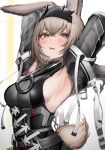  1girl absurdres arknights arknights:_endfield armpits black_hairband breasts brown_hair character_request commentary_request detached_sleeves grey_eyes hairband highres large_breasts looking_at_viewer open_mouth short_hair solo tab_head tail 