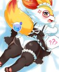  1girl :3 ? ?? absurdres anger_vein angry animal_ear_fluff animal_ears animal_feet animal_nose ass barefoot bed_sheet black_dress black_fur blueberry body_fur braixen breasts bridal_garter clothed_pokemon commentary dress drink drinking_straw embarrassed fang feet food fox_ears fox_girl fox_tail frilled_dress frilled_shirt frills from_behind fruit furry furry_female glasses highres hugging_object katadora looking_at_viewer looking_back lying maid maid_headdress multicolored_fur on_stomach open_mouth panties pawpads pillow pillow_hug pinafore_dress pince-nez pokemon pokemon_(creature) red-framed_eyewear red_eyes round_eyewear shirt skin_fang sleeveless sleeveless_dress sleeveless_shirt small_breasts snout soles solo speech_bubble spoken_question_mark tail thick_thighs thighs underwear white_background white_fur white_panties white_shirt yellow_fur 