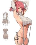  1girl arm_up armpits arms_up artist_name blush breasts closed_mouth detached_sleeves large_breasts long_sleeves looking_at_viewer mixed-language_commentary navel panties pyra_(xenoblade) red_eyes red_hair ribbed_sleeves ribbed_sweater short_hair side-tie_panties sideless_outfit sideless_sweater simple_background sweater swept_bangs sydus underboob underwear virgin_destroyer_sweater white_background white_panties white_sweater xenoblade_chronicles_(series) xenoblade_chronicles_2 