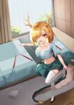  1girl absurdres antlers blonde_hair blue_shirt breasts dragon_girl dragon_horns dragon_tail highres horns kicchou_yachie navel open_mouth qinyuzhen red_eyes shirt short_hair smile solo tail touhou yellow_horns 
