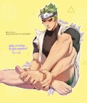  1boy artist_name barefoot black_eyes black_shirt colored_skin covered_nipples english_commentary english_text feet foot_focus forehead_protector genji_(overwatch) green_hair green_shorts headband highres male_focus muscular muscular_male nail nuggies_(nug_gies) overwatch overwatch_1 pectorals shirt short_hair shorts solo thick_arms thighs veins white_shirt white_skin yellow_background 
