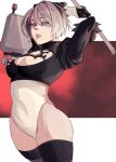  1girl 2b_(nier:automata) absurdres ass blue_eyes breasts clothing_cutout feather-trimmed_sleeves highres huge_ass jobin_chan lingerie looking_at_viewer mole mole_under_mouth nier:automata nier_(series) no_blindfold short_hair simple_background solo thick_thighs thighhighs thighs underwear 