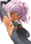  1girl ahoge armpits bare_arms bare_shoulders blush comandante_cappellini_(kancolle) dark-skinned_female dark_skin fang fang_out green_eyes grey_wetsuit highres kantai_collection long_hair looking_at_viewer multicolored_hair open_mouth osananajimi_neko pink_hair smile solo streaked_hair tan twintails upper_body white_background 
