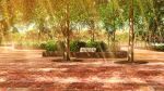  brick_road building bush dappled_sunlight evening film_grain game_cg izumi_tsubasu lamppost no_humans non-web_source official_art outdoors park re:stage! scenery shade sign sunlight tree 