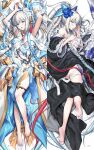  1girl arms_up black_bow black_kimono blue_eyes blue_hair blush bow braid breasts dakimakura_(medium) fate/grand_order fate_(series) flower french_braid gold_trim grey_hair hair_bow hair_flower hair_ornament hair_ribbon highres japanese_clothes kimono kousaki_rui large_breasts long_hair looking_at_viewer lying morgan_le_fay_(fate) morgan_le_fay_(fgo_fes._2023)_(fate) morgan_le_fay_(water_princess)_(fate) multiple_views on_back open_mouth ponytail ribbon sidelocks thighlet twin_braids very_long_hair white_hair 