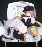  1girl absurdres breasts brown_hair cleavage dima_(girls&#039;_frontline) eonsang girls&#039;_frontline hat highres korean_text large_breasts long_hair looking_at_viewer lying on_back on_chair open_mouth ponytail shoes sitting solo speech_bubble talking thighhighs white_footwear white_hair white_thighhighs 