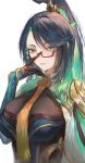  1girl absurdres aqua_eyes black_hair breasts cloud_retainer_(genshin_impact) colored_inner_hair earrings genshin_impact glasses green_hair hair_ornament highres jewelry large_breasts long_hair looking_at_viewer multicolored_hair red-framed_eyewear semi-rimless_eyewear solo tassel tassel_earrings two-tone_hair very_long_hair xianyun_(genshin_impact) yonesdraws 