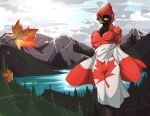 absurd_res anthro avian beak bird canada canadian_flag cardinal_(bird) father_hill feathers flag flag_(object) hi_res lake landscape male maple_leaf oscine outside passerine plant sky solo tree water
