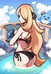  1girl absurdres artist_name ass bikini black_bikini blonde_hair blue_eyes blue_sky breasts closed_mouth cloud cynthia_(pokemon) gible hair_ornament hair_over_one_eye highres holding in_water large_breasts long_hair looking_at_viewer looking_back marill onsen outdoors pokemon pokemon_(creature) pokemon_dppt side-tie_bikini_bottom sky standing steam swimsuit touyarokii twitter_username water 