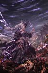  1girl absurdres battlefield blood blood_on_clothes blood_on_hands electricity fantasy headpiece highres holding holding_polearm holding_weapon long_hair miao_ying overcast polearm ponytail purple_eyes sky spear storm tuweibu warhammer_fantasy weapon white_hair 