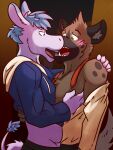 aggretsuko alley anthro asinus blue_eyes blue_hair blush blush_lines bottomwear brown_body brown_eyes brown_fur chest_tuft city clothed clothing clothing_lift dark_brown_ears dark_sky digital_media_(artwork) donkey embrace equid equine eye_contact fangs fluffy fluffy_tail fur haida_(aggretsuko) hair hand_on_back hand_on_chest hand_on_shoulder hi_res hyena kissing looking_at_another looking_at_partner male male/male male_kissing_male mammal necktie night open_mouth outside pants sanrio sharp_teeth shirt shirt_lift shy side_view slim_male spots spotted_body spotted_fur spotted_hyena tadano_(aggretsuko) tail tail_tuft teeth tongue topwear tuft undressing_partner ventkazemaru vest