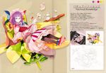  absurdres bespectacled book bookmark capelet character_name crescent cup dress flower glasses hair_flower hair_ornament hat hat_flower highres long_hair long_sleeves looking_down mob_cap open_book patchouli_knowledge purple_eyes purple_hair reading scan shihou_(g-o-s) shoes sitting sketch solo spoon sunflower table tea teacup teapot text_focus thighhighs touhou 