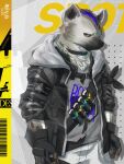  1boy arknights black_jacket character_name claws copyright_name english_commentary fingerless_gloves furry furry_male gloves grey_shirt highres hood hooded_jacket hyena_boy hyena_ears infection_monitor_(arknights) jacket looking_at_viewer male_focus multicolored_hair pants rhodes_island_logo_(arknights) shirt spot_(arknights) streaked_hair taroten white_pants 