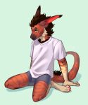 anthro clothing genitals hi_res kneeling korvis1408 lounging male mane rorsch_(vernid) shaded shirt simple_background solo t-shirt tail topwear underwear vernid