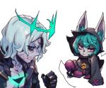  1boy 1girl black_footwear black_hoodie black_sclera clenched_hand collarbone colored_sclera colored_skin ears_through_headwear green_hair grey_hair grey_skin hand_up hole_in_chest hole_on_body hood hood_up hoodie league_of_legends pants phantom_ix_row pink_eyes purple_pants ruined_(league_of_legends) short_hair simple_background slit_pupils teeth vex_(league_of_legends) viego_(league_of_legends) white_background yordle 