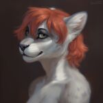2023 anthro black_nose brown_background bust_portrait dated felid female fur glistening glistening_eyes green_eyes grey_body grey_fur hair lostgoose mammal mouth_closed orange_hair portrait signature simple_background solo whiskers white_body white_fur