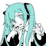  1girl :3 bbyong403 blue_eyes blue_hair collared_shirt commentary hair_ornament hatsune_miku headset limited_palette long_hair long_sleeves looking_at_viewer nail_polish necktie shirt smile solo symbol-only_commentary upper_body v-shaped_eyebrows vocaloid 