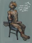 absurd_res anthro arms_tied balls bdsm bondage bound canid canine chair dialogue furniture genitals hair half-erect hi_res legs_tied male mammal nipples nude offscreen_character panzery25 penis restraints simple_background sitting solo solo_focus speech_bubble tail text
