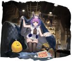  1girl :o ahoge alchemaniac animal_ears apron ass_visible_through_thighs azur_lane bare_shoulders bird black_thighhighs black_veil breasts cake cake_slice cleavage coffee couch cup dress embarrassed fake_animal_ears food fork frilled_apron frilled_dress frilled_leotard frills fruit full_body gloves green_eyes grey_gloves hair_ornament highres holding holding_plate holding_tray houston_(azur_lane) houston_ii_(azur_lane) houston_ii_(ready_to_serve!)_(azur_lane) indoors kneeling large_breasts leotard looking_at_viewer maid manjuu_(azur_lane) medium_hair no_shoes non-web_source nontraditional_playboy_bunny official_alternate_costume official_art open_mouth plate purple_hair rabbit_ears skindentation sleeveless solo strawberry_shortcake table teacup thighhighs thighs tray veil white_apron white_gloves zettai_ryouiki 