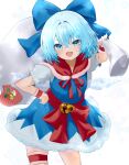  1girl blue_bow blue_dress blue_eyes blue_hair bow cape christmas cirno dress fur-trimmed_dress fur_trim hair_bow highres ice ice_wings large_bow mikan_(manmarumikan) red_bow red_cape snowflakes solo touhou white_background wings 