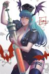  1girl absurdres artist_name bat_(animal) belt black_thighhighs breasts cleavage garter_straps green_hair hat head_wings highres holding holding_syringe large_syringe long_hair looking_at_viewer morrigan_aensland nurse nurse_cap oversized_object revealing_clothes solo syringe thighhighs tomo_eokaiteru vampire_(game) wings yellow_eyes 