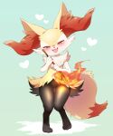  1girl :3 animal_ear_fluff animal_ears animal_feet animal_hands animal_nose aqua_background ass_visible_through_thighs black_fur blush body_fur braixen bright_pupils commentary_request ebisaki fangs fire flat_chest fox_ears fox_girl fox_tail full_body furry furry_female groin half-closed_eyes hands_up happy head_tilt heart highres holding holding_stick knees_together_feet_apart legs looking_at_viewer multicolored_fur neck_fur open_mouth pokemon pokemon_(creature) red_eyes shiny_skin simple_background smile solo standing stick tail thigh_gap thighs white_fur white_pupils yellow_fur 