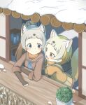  absurdres animal_ears blonde_hair blue_bow blue_eyes blue_neckerchief blunt_bangs blush bow brown_gloves brown_hair brown_sweater elbow_gloves extra_ears fangs fingerless_gloves gloves grey_hair hair_bow highres hug japanese_marten_(kemono_friends) kemono_friends kemono_friends_3 long_hair long_sleeves multicolored_hair neckerchief onefiresticks open_mouth orange_scarf pleated_skirt ponytail puffy_short_sleeves puffy_sleeves sable_(kemono_friends) sailor_collar scarf short_hair short_sleeves sidelocks skirt smile snow sweater tail two-tone_hair white_hair white_skirt yellow_eyes yellow_sweater 