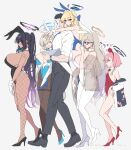  1boy 5girls absurdres akane_(blue_archive) akane_(bunny)_(blue_archive) asuna_(blue_archive) asuna_(bunny)_(blue_archive) black_hair black_pants blonde_hair blue_archive blue_bow blue_bowtie blue_eyes blue_necktie bow bowtie breasts cleaning_&amp;_clearing_(blue_archive) collared_shirt dark-skinned_female dark_skin detached_collar flat_chest funaya_(a2brasd) grey_background hair_over_one_eye halo high_heels highres huge_breasts karin_(blue_archive) karin_(bunny)_(blue_archive) large_breasts leotard light_brown_hair long_hair multiple_girls necktie neru_(blue_archive) neru_(bunny)_(blue_archive) official_alternate_costume pants pink_hair ponytail sensei_(blue_archive) shirt shoes short_hair simple_background strapless strapless_leotard toki_(blue_archive) toki_(bunny)_(blue_archive) white_shirt yellow_eyes 