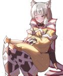  1girl animal_ear_fluff animal_ears blush brown_eyes feet_out_of_frame grey_hair highres jumpsuit juneplums knees_up long_sleeves nia_(xenoblade) one_eye_closed puffy_long_sleeves puffy_sleeves sheath simple_background sitting solo white_background xenoblade_chronicles_(series) xenoblade_chronicles_2 yellow_jumpsuit 