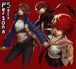  1boy 2girls absurdres amamiya_ren doujima_nanako highres kornart multiple_girls persona persona_4 persona_5 prototype_design red_background red_hair tagme 