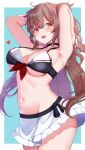  1girl arms_behind_head bikini breasts brown_eyes calin cleavage hair_flaps hair_ornament highres kantai_collection light_brown_hair long_hair looking_at_viewer murasame_(kancolle) murasame_kai_ni_(kancolle) navel open_mouth red_eyes ribbon smile solo stomach swimsuit twintails 