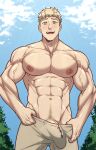  1boy abs absurdres bara blonde_hair blush brown_eyes brown_pants bulge cloud day dungeon_meshi erection erection_under_clothes highres inunekostudio laios_thorden large_pectorals male_focus muscular muscular_male navel nipples open_mouth outdoors pants pectorals short_hair sky solo topless_male 