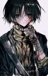  1boy absurdres bandaged_hand bandages baroque_(series) black_coat black_hair bleeding blood blood_on_face closed_mouth coat grey_eyes hand_up highres looking_at_viewer male_focus protagonist_(baroque) short_hair simple_background solo sweater torichikushou turtleneck upper_body white_background yellow_sweater 